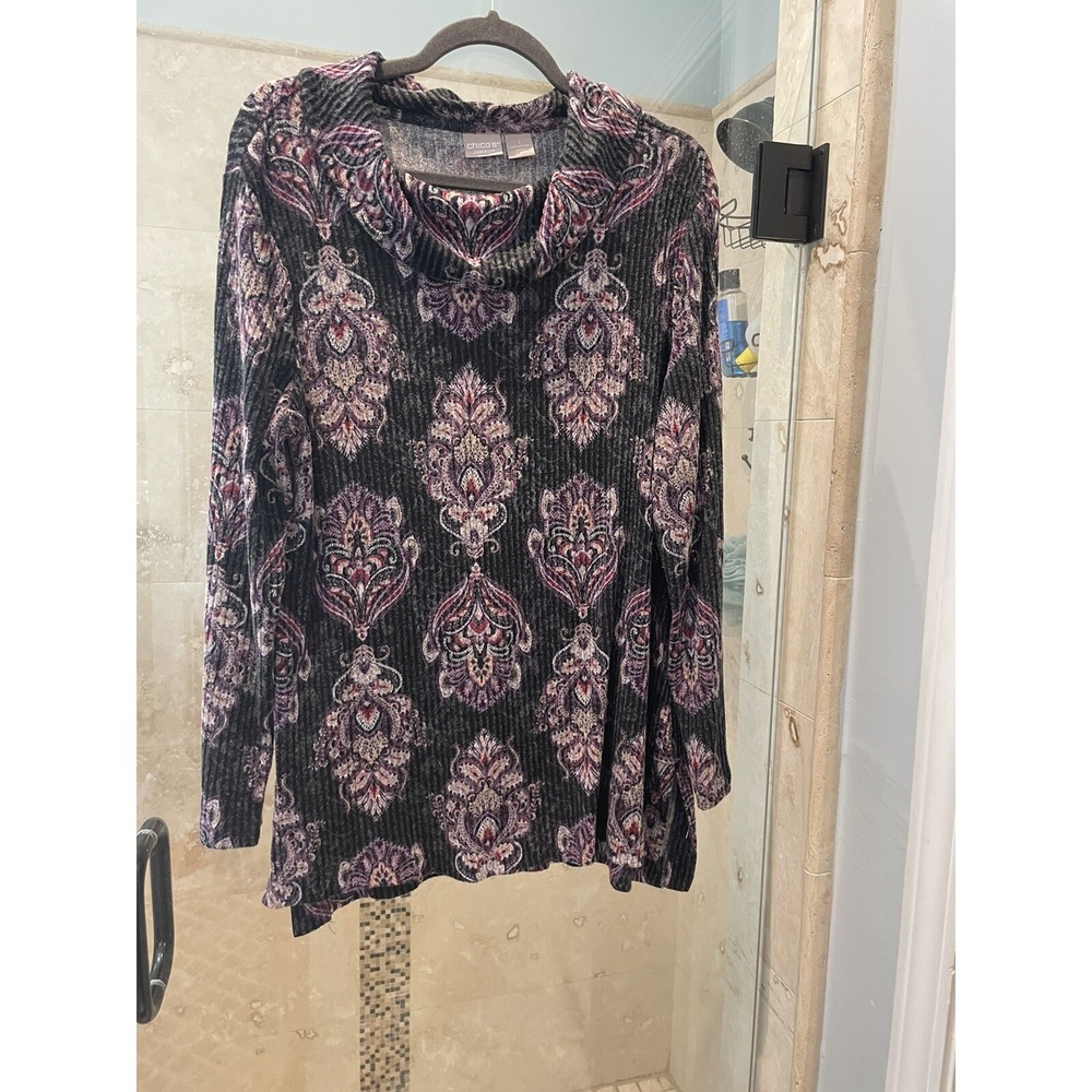 Chico's Zenergy Cozy Medallion Cowl Tunic Top Gray Purple Red Size 1 M 8/10